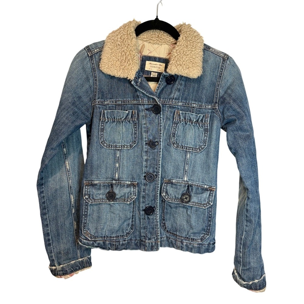 Abercrombie & Fitch Y2K Denim Jacket XS Blue Sherpa Collar Floral Quilted Lining